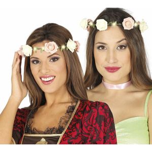 Fiestas Verkleed haarband met bloemen en lampjes - 2x - roze - dames - Hippie/Flower Power bloemenkrans