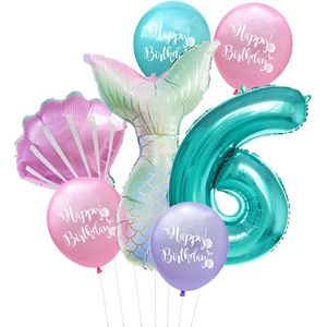 Cijfer ballon 6 Turquoise - Zeemeermin - Mermaid - Meermin - Ballonnen Pakket - Kinderfeestje - Helium Ballonnen - Snoes