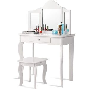 Witte 2-in-1 make-uptafel voor kinderen met drievoudige spiegel en accessoires