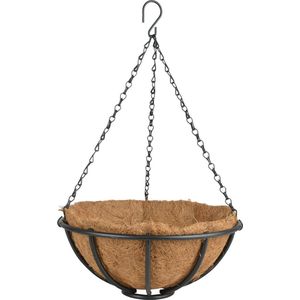 Metalen hanging basket / plantenbak zwart met ketting 30 cm inclusief kokosinlegvel - Hangende bloemen