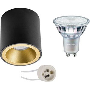 Opbouwspot Set - Proma Cliron Pro - GU10 Fitting - Opbouw Rond - Mat Zwart/Goud - Verdiept - Ø90mm - Philips - MASTER 927 36D VLE - 4.9W - Warm Wit 2200K-2700K - DimTone Dimbaar