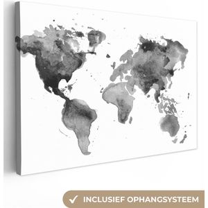 Canvas Wereldkaart - 180x120 - Wanddecoratie Wereldkaart - Waterverf - Zwart - Wit - Kinderen - Jongens - Meisjes