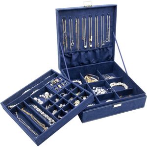 Jewelry Box Organizer Two-Layer Storage Case with 8 Chain Pendants and Divider for Earrings Bracelets Rings Watches - Navy