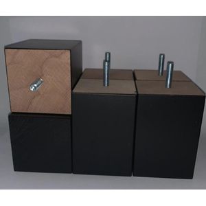Set van 6 stuks houten Boxspring Bedden Meubelpoten Zwart Beuken 10 cm hoogte 7x7 cm met M8 draadeinde
