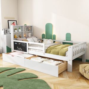 Kinderbed, kinderbed met meerdere functies, met lades en plank, zonder matras, wit, 90*200