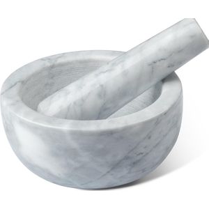 Marmeren mortel- en stamperset: keukenmolen van natuurlijk marmer in groot formaat met 14 cm diameter - handmatige kruidenmolen kruidenmolen pillenversnipperaar met stamper in wit