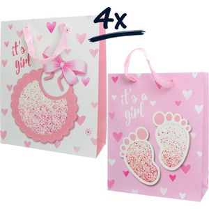 4x stevige draagtassen babyshower Girl confetti baby papier zak cadeautasje gift bag verpakking geschenkverpakking