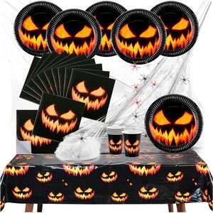 26-delige Halloween-decoratieset met spinnenweb, spinnen, kopjes, borden, servetten en tafelkleed voor Halloween en carnaval [selectie varieert] (026-delige pompoen placemat)