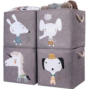 Children's Storage Box, Set of 4, 28 x 28 x 28 cm, Foldable Storage Basket for Shelf, Ideal for Kallax Use, Toy Box, Toy, Books, Children's Room, Grey Unicorn