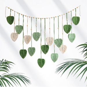 Boho chic geweven macramé wanddecoratie - 120 x 75 cm - groen katoen - handgemaakt - bladeren ontwerp - woonkamer slaapkamer deco