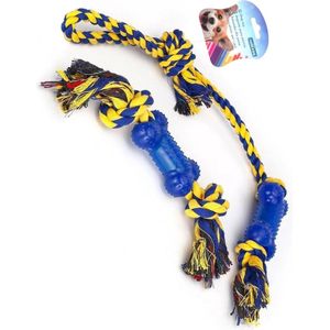 Nobleza Honden speelgoed - Honden speeltouw met lus - Honden flostouw - Speeltouw hond - Flostouw hond - Blauw/Geel - 2 stuks
