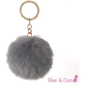 SilverAndCoco® - Faux Fur Bal / Meisjes Sleutelhanger Auto Huis / Key Chain Pom Pom / Sleutel Ring Nep Bol Imitatie Bont / Pluche Fluffy Bolletje / Sleutels Vrouwen - Grijs