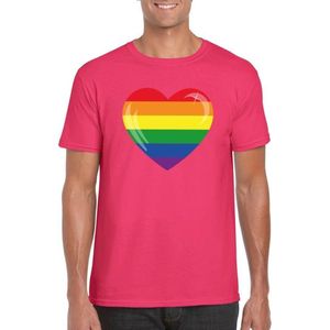 Gay pride t-shirt met Regenboog vlag in hart roze heren S