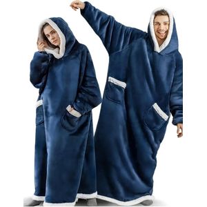 Dekenhoody, extra grote hoodydeken, sherpa en fleece, draagbaar, voor dames en heren, comfortabele en zachte capuchondekens, blauw, one size