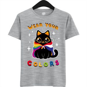 Dutch Pride Kitty - Volwassen Unisex Pride Flags LGBTQ+ T-Shirt - Gay - Lesbian - Trans - Bisexual - Asexual - Pansexual - Agender - Nonbinary - T-Shirt - Unisex - Heather Grijs - Maat S
