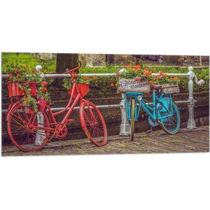 WallClassics - Vlag - Rood/Blauwe Fietsen met Bloemen Gevuld - 100x50 cm Foto op Polyester Vlag