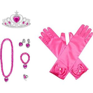 Het Betere Merk - Speelgoed meisjes - Roze / Fuchsia prinsessenhandschoenen - Tiara / Kroon - Juwelen - prinsessen jurk