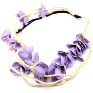 Festival/Ibiza bandje gevlochten lichtbruin met bloemen+hanger paars