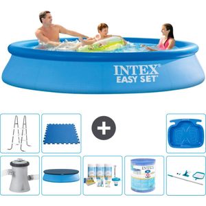 Intex Rond Opblaasbaar Easy Set Zwembad - 305 x 61 cm - Blauw - Inclusief Pomp Afdekzeil - Onderhoudspakket - Filter - Schoonmaakset - Ladder - Voetenbad - Vloertegels