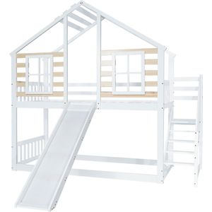 Merax Stapelbed 90x200 cm - Huisbed Hoogslaper voor Kinderen - Bed met Uitvalbeveiliging - Ladder - Trap - Wit