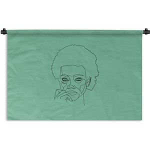 Wandkleed Line-art Vrouwengezicht - 24 - Line-art vrouw met afro op een groene achtergrond Wandkleed katoen 60x40 cm - Wandtapijt met foto