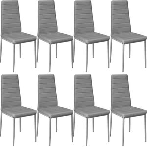 tectake® Set van 8 Eetkamerstoelen - Kunstleren Stoelen met Hoge Rugleuning - Belastbaar tot 150 kg - Afmetingen 41 x 45 x 98,5 cm – GRIJS