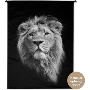 Wandkleed Close-up Dieren in Zwart-Wit - Aziatische leeuw tegen zwarte achtergrond in zwart-wit Wandkleed katoen 120x160 cm - Wandtapijt met foto XXL / Groot formaat!