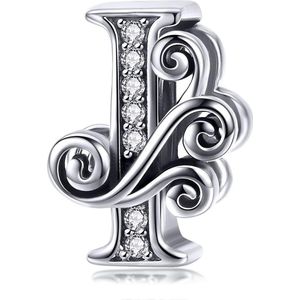 Zilveren alfabet bedel letter I met transparante zirkonia steentjes