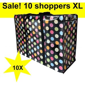 Big Shoppers met rits XL (10 x) - 70 x 50 cm - Stippen - Zwart -Set van 10