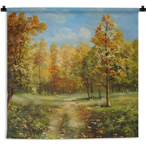 Wandkleed Bossen en bomen illustratie - Een illustratie van herfstachtige bomen in een bos Wandkleed katoen 60x60 cm - Wandtapijt met foto