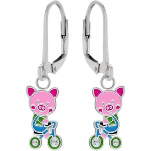 Oorbellen meisje | Zilveren kinderoorbellen | Zilveren oorhangers, roze varkentje op fiets met kristal wielen