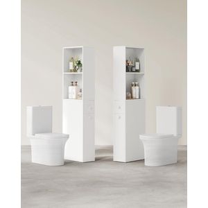 Hoge badkamerkast, slanke badkameropbergkast, vrijstaand smal opbergmeubel met lades en verstelbare plank, voor kleine ruimtes, moderne stijl, klassiek wit BBK567T14