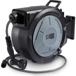 Meisterhome® Wandslangenbox 20 meter + 2 meter - Tuinslang met haspel- Slangenhouder 180° Draaibaar - Tuinslanghaspel – Inclusief sproeikop – Zwart / Grijs