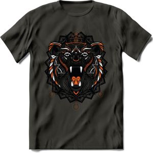 Beer - Dieren Mandala T-Shirt | Oranje | Grappig Verjaardag Zentangle Dierenkop Cadeau Shirt | Dames - Heren - Unisex | Wildlife Tshirt Kleding Kado | - Donker Grijs - 3XL