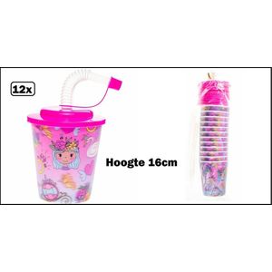 12x Herbuikbare Drinkbekers Prinses 250ml met deksel en rietje -Prinsessen - Drinken sap limonade fris fun