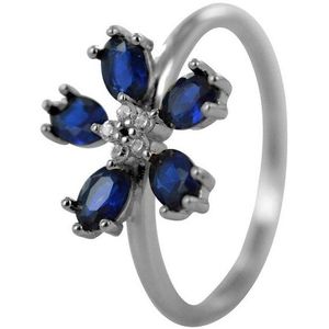 Silventi 9SIL-21498 Zilveren Ring - Dames - Bloem - 12 mm Doorsnee -Zirkonia - Blauw topaas - Maat 52 - Rhodium - Zilver