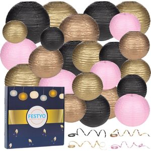 Festyo 24 stuks (!) Lampionnen Set - Goud, Roze, Zwart & Rosé Goud Versiering - Bruiloft, Jubileum & Verjaardag - Decoratie