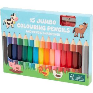 15 Jumbo potloden en puntenslijper - Multicolor - Assorti - creatief - Potloden - set - Puntenslijper