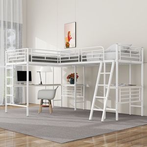 90x200cm hoogslaper - twee stapelbedden - tafel onder het bed - dubbele trap - hoge reling - wit - zonder matras