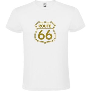 Wit t-shirt met 'Route 66' print Goud size S