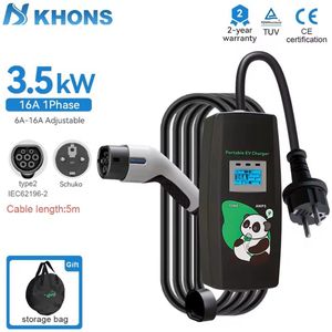 Khons Mobiele Thuislader Elektrische Auto 3.5kW | IP54 Waterdicht | 16A 1 Fase | 5 Meter | Thuis Lader Type 2 vanaf stopcontact EU - 6A/8A/10A/13A/16A Schakelbaar |