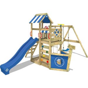 WICKEY speeltoestel klimtoestel SeaFlyer met schommel & blauwe glijbaan, outdoor klimtoren voor kinderen met zandbak, ladder & speelaccessoires voor de tuin