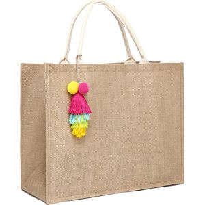 JOLLQUE Straw Beach Bag for Women, Large Tote Bag with Tassel, Handwoven Natural Straw Shoulder Bag with Handle