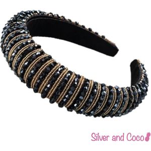 SilverAndCoco - Glitter Haarband Goud / Dikke Hoofdband met Glitters Steentjes Rainbow / Glamour Diadeem Diamantjes Dames / Zwart Gouden Rhinestones Kerst Feest Oud en Nieuw Haarbanden Diamand Breed