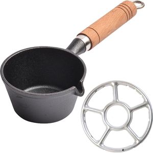 Gietijzeren pan met houten handvat, mini-braadpan, gietijzer, mini-pan van gietijzer, met gasfornuisframe voor camping, hete olie, warme melk (11 x 5 cm)