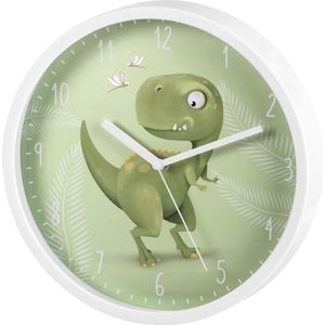 Kinderwandklok Happy Dino zonder tikken (ronde kinderklok met dinosaurusmotief, op batterijen werkende kwarts wandklok met secondewijzer, kinderkamer, ideaal als leerklok, diameter 25 cm) groen