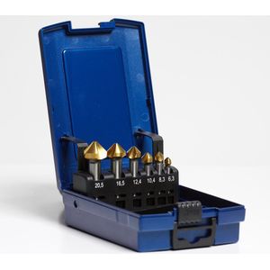 Verzinkboor Set HSS-E Co5% TiN Gecoat – 6-delig (6.3–20.5mm) | Voor RVS/INOX – 90° U-Spiraal (DIN 335C) in ABS Cassette