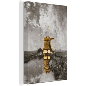 Canvas woonkamer - Gabriël - Goud - Tinten - Vintage - Platteland - 20x30 cm - Molen aan een poldervaart