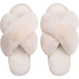 Fuzzy Sloffen - Wit - Maat 42-43 - Pantoffels Dames - Slippers - Cadeau