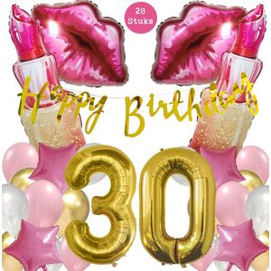 Snoes Mega Beauty Helium Ballonnen Set 30 Jaar - Roze Helium Folieballonnen - Slinger Happy Birthday Goud